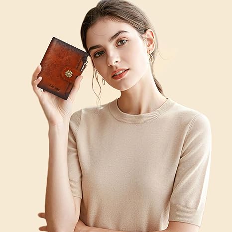Boorakleather Women’s RFID Leather Wallet – Compact Bifold Card Holder with Removable ID Window, Brown