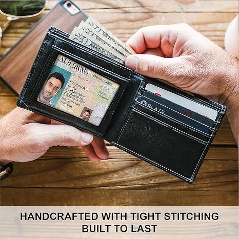 Boorakleather Top Grain Leather Wallet for Men – RFID Blocking Bifold Wallet with 2 ID Windows, 8 Card Slots, Dark Brown
